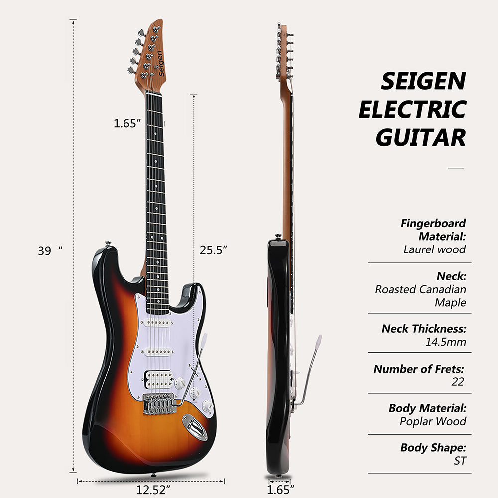 Seigen Quality Classic ST Electric Guitar, Roasted Canadian Maple HSS Pickups Sunset