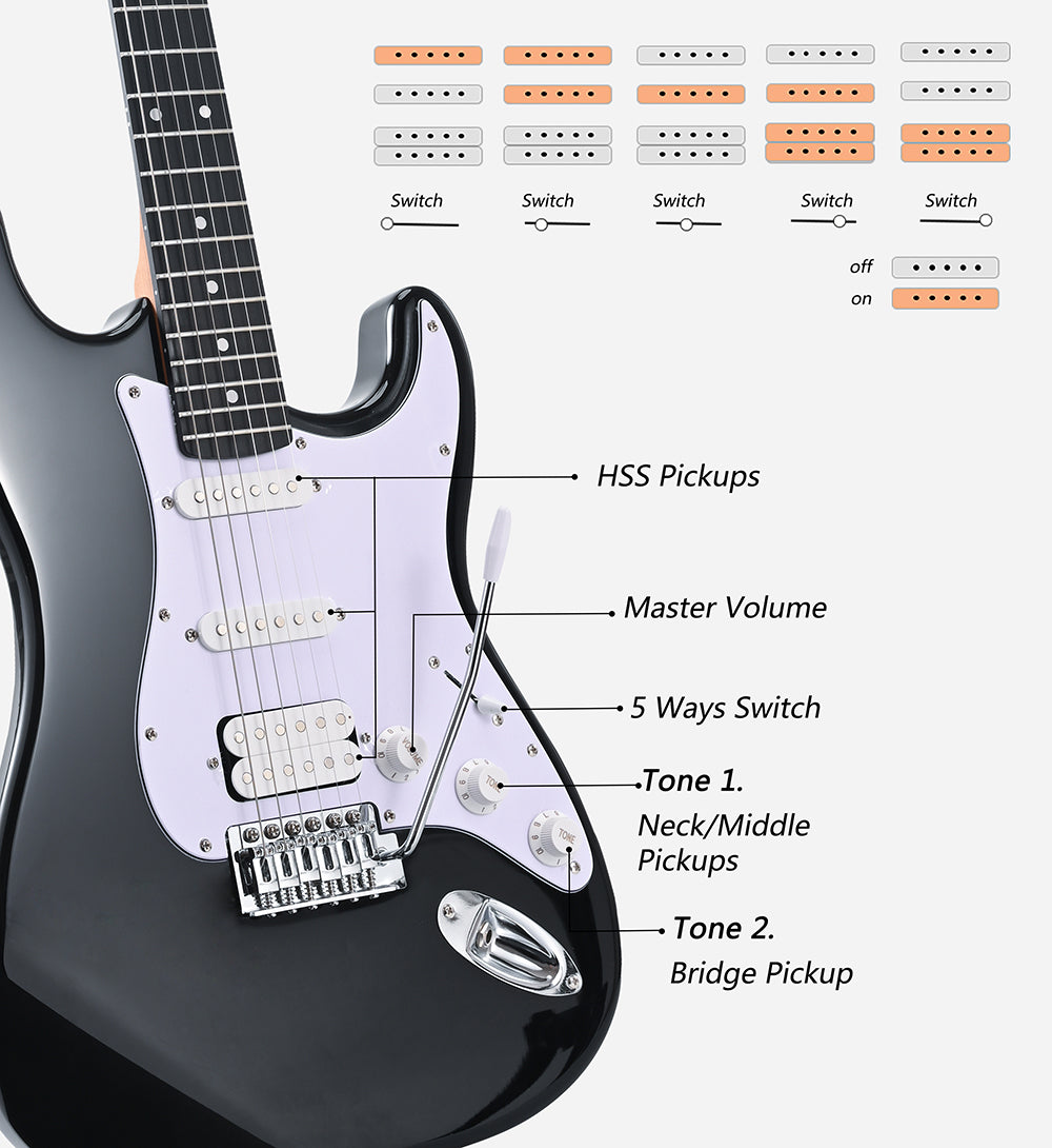 Seigen Quality Classic ST Electric Guitar, Roasted Canadian Maple HSS Pickups Black