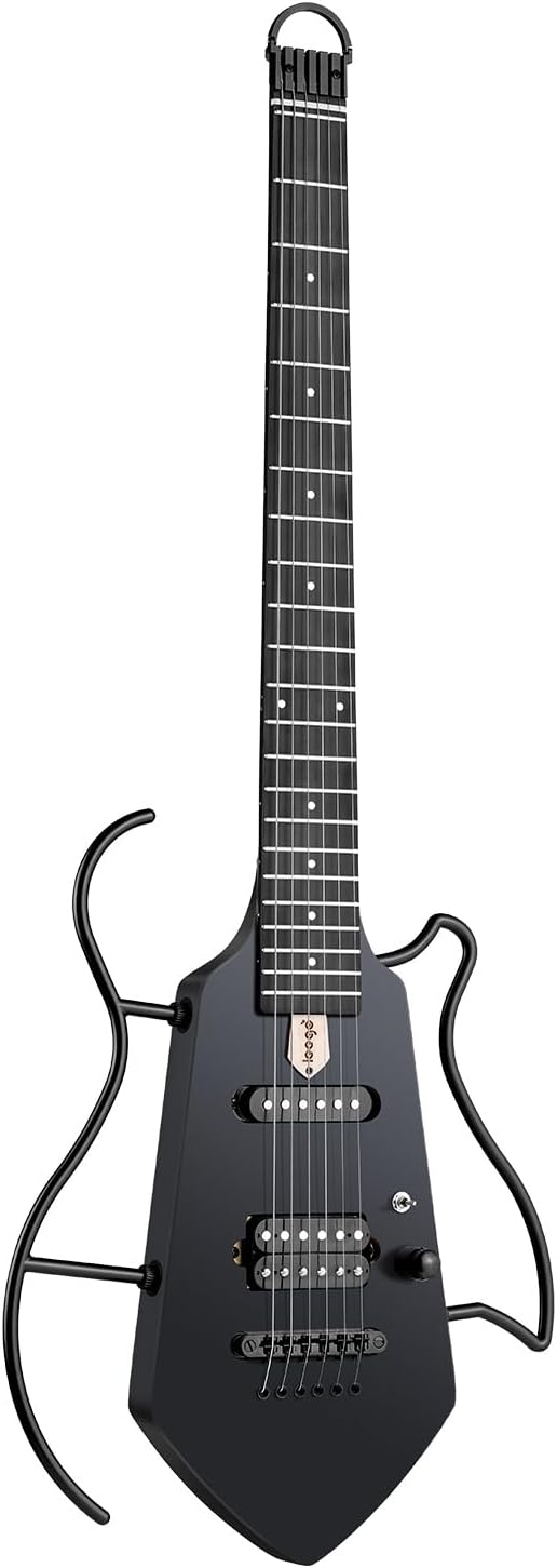 Leego Compact Electric Guitar, Small Lightweight Headless Guitar for Travel and Practice, Portable Solid Body Easy Assemble Stands with Gig Bag, Black