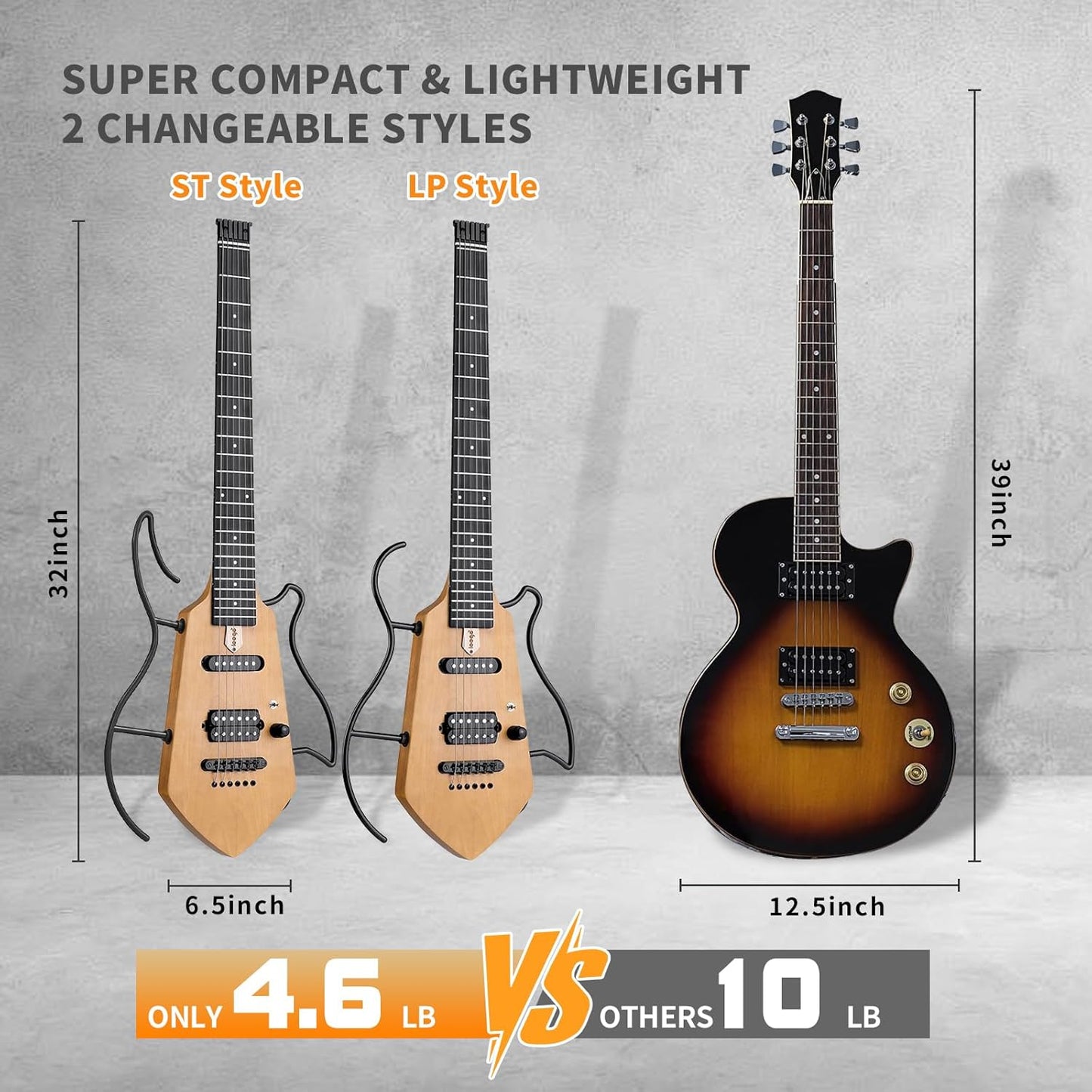 Leego Compact Electric Guitar, Small Lightweight Headless Guitar for Travel and Practice, Portable Solid Body Easy Assemble Stands with Gig Bag, Natural