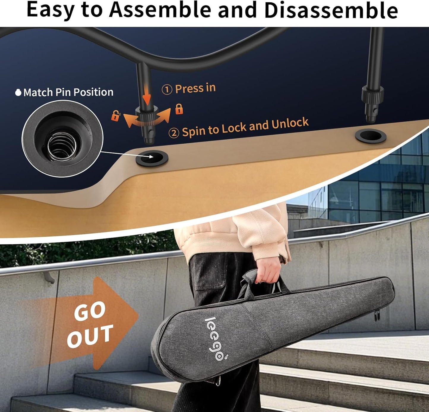 Leego Compact Electric Guitar, Small Lightweight Headless Guitar for Travel and Practice, Portable Solid Body Easy Assemble Stands with Gig Bag, Natural