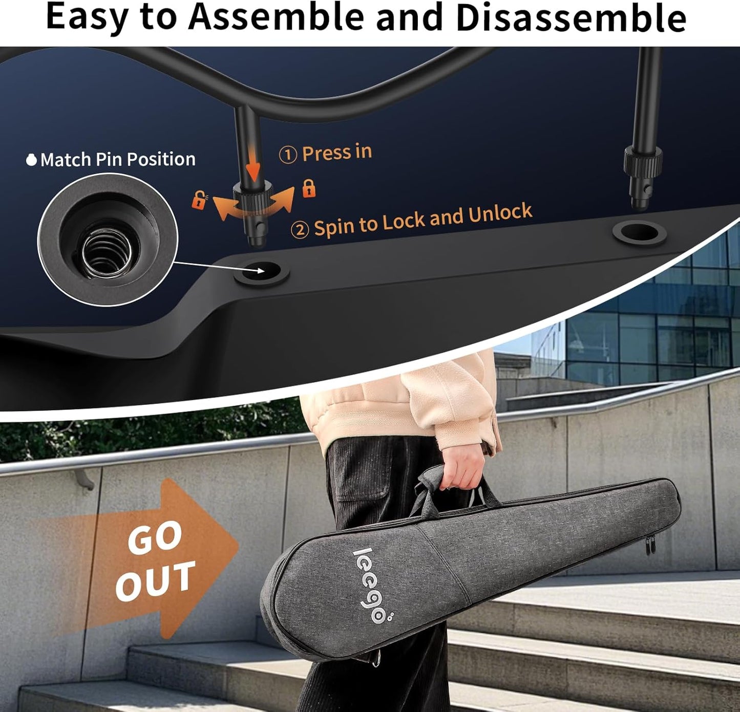 Leego Compact Electric Guitar, Small Lightweight Headless Guitar for Travel and Practice, Portable Solid Body Easy Assemble Stands with Gig Bag, Black