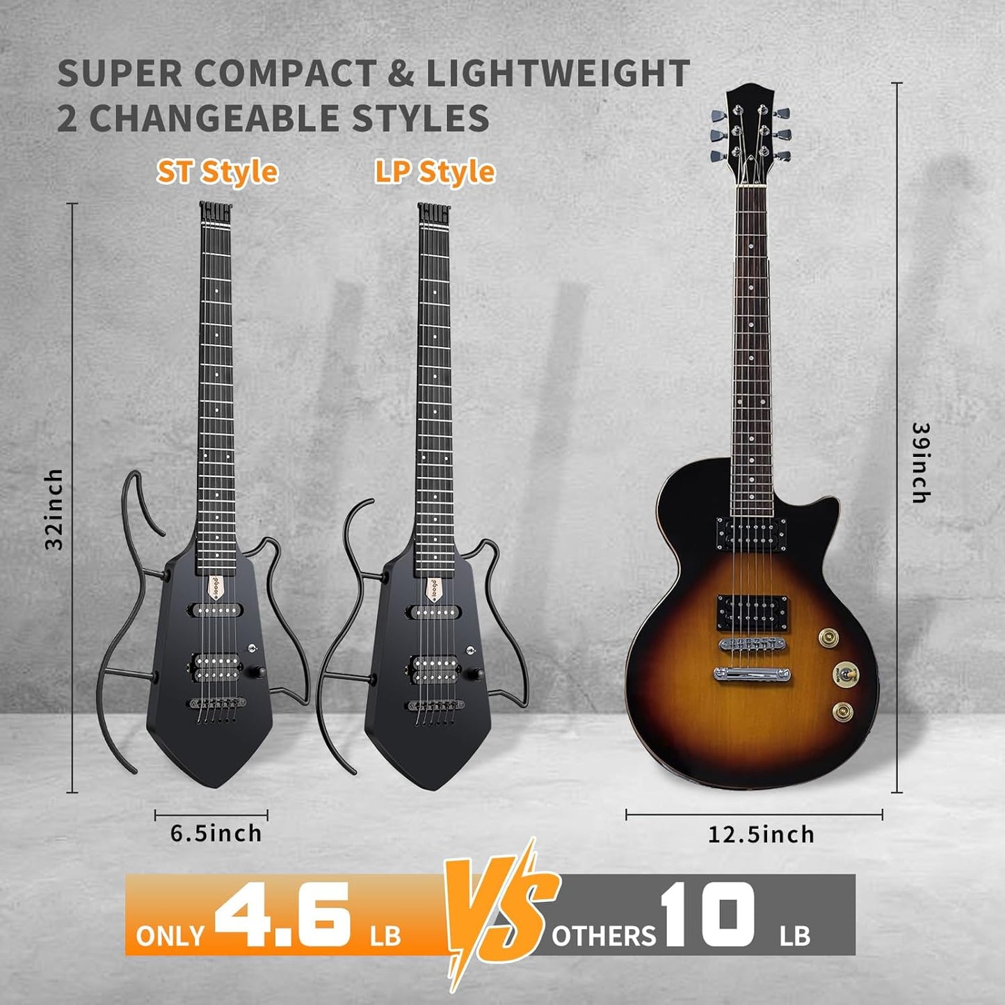 Leego Compact Electric Guitar, Small Lightweight Headless Guitar for Travel and Practice, Portable Solid Body Easy Assemble Stands with Gig Bag, Black