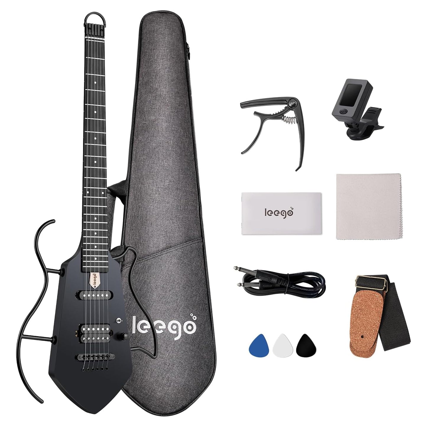 Leego Compact Electric Guitar, Small Lightweight Headless Guitar for Travel and Practice, Portable Solid Body Easy Assemble Stands with Gig Bag, Sunburst