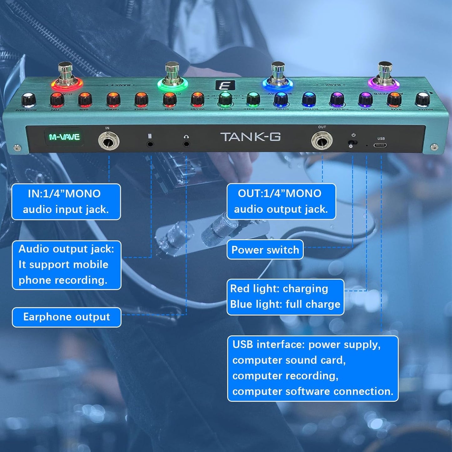 M-VAVE TANK-G Multi-effects Guitar Pedal, 36 Presets, Delay, Reverb, Modulation, Preamp, Darkgreen