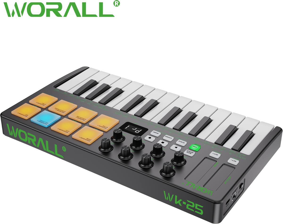WORALL WK-25 Wireless MIDI Keyboard Controller with P4 Mate Receiver, 25 Keys, 8 Knobs, Touchpads, Arpeggiator, Smart Chord/Scale for Music Production