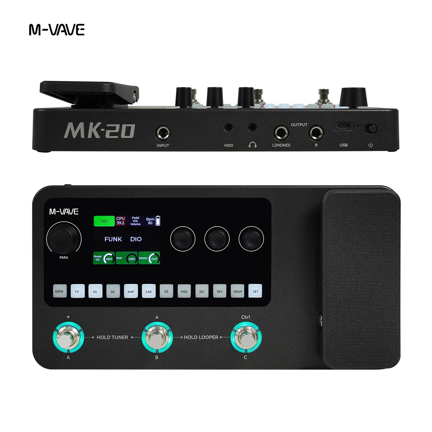 M-VAVE MK-20 Black YUIMER MK-20 white Guitar & Bass Multi Effects Pedal, Rechargeable Digital Processor with 2.4" LCD, 20s Looper, 128 Drum Patterns, Bluetooth USB-C Recording for Live Practice Studio