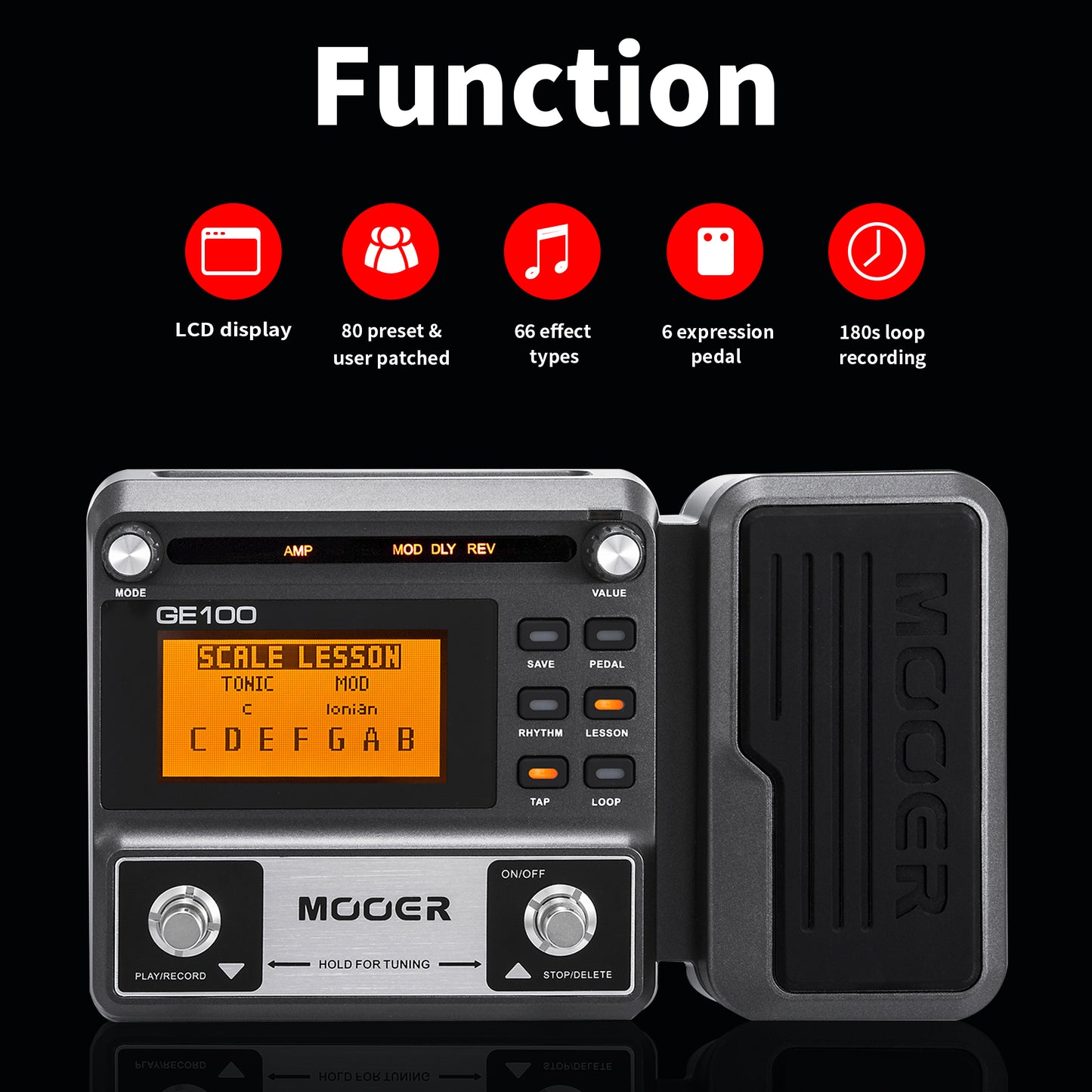 Mooer GE100 Portable All-in-One Guitar Effector Processor, 15 Amp Models 22 IR Cabs Compressor Noise Gate Modulation Delay Reverb, Support Headphone Silent Practice, USB Recording Compatible Windows Mac DAW Software