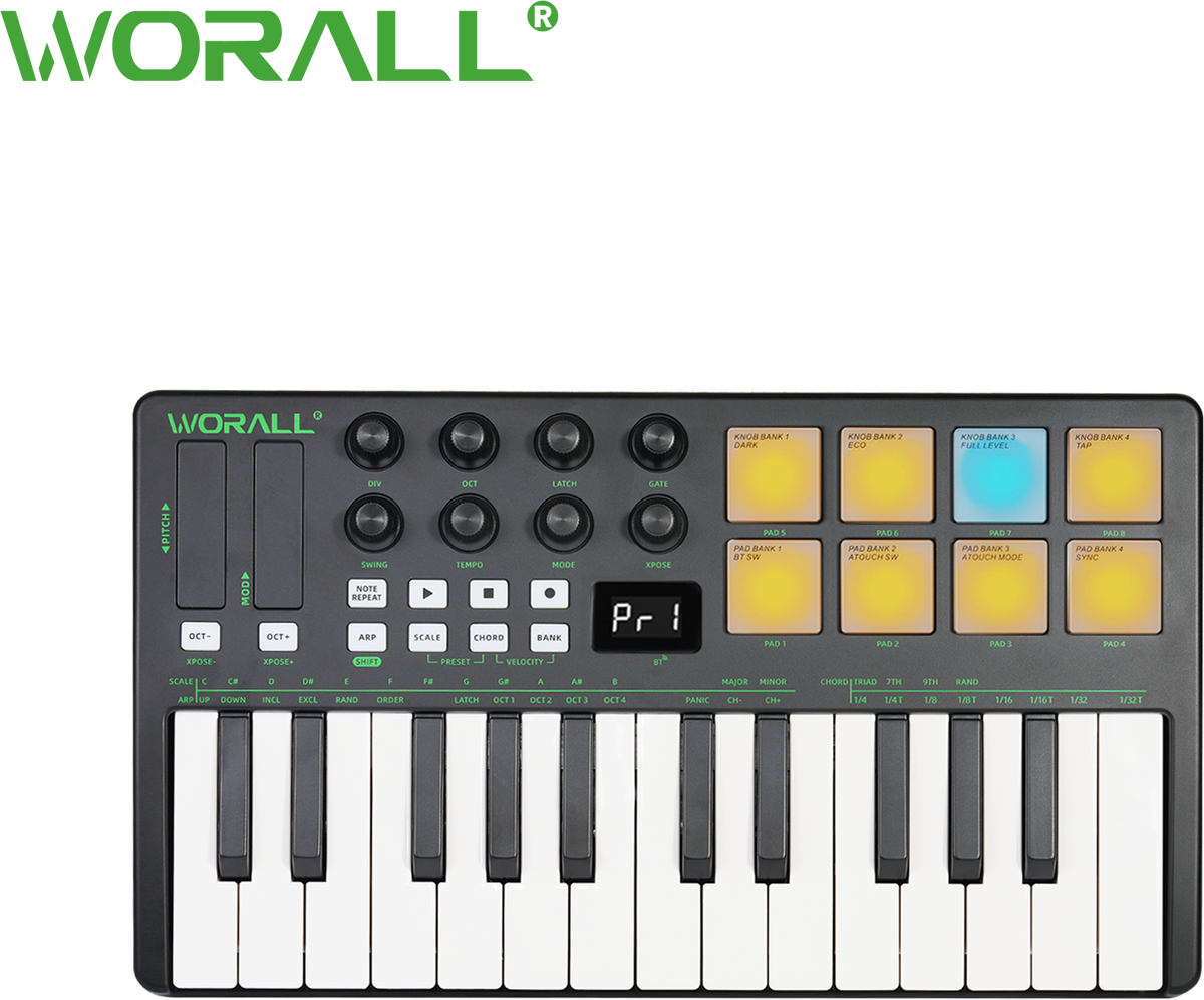 WORALL WK-25 Wireless MIDI Keyboard Controller with P4 Mate Receiver, 25 Keys, 8 Knobs, Touchpads, Arpeggiator, Smart Chord/Scale for Music Production
