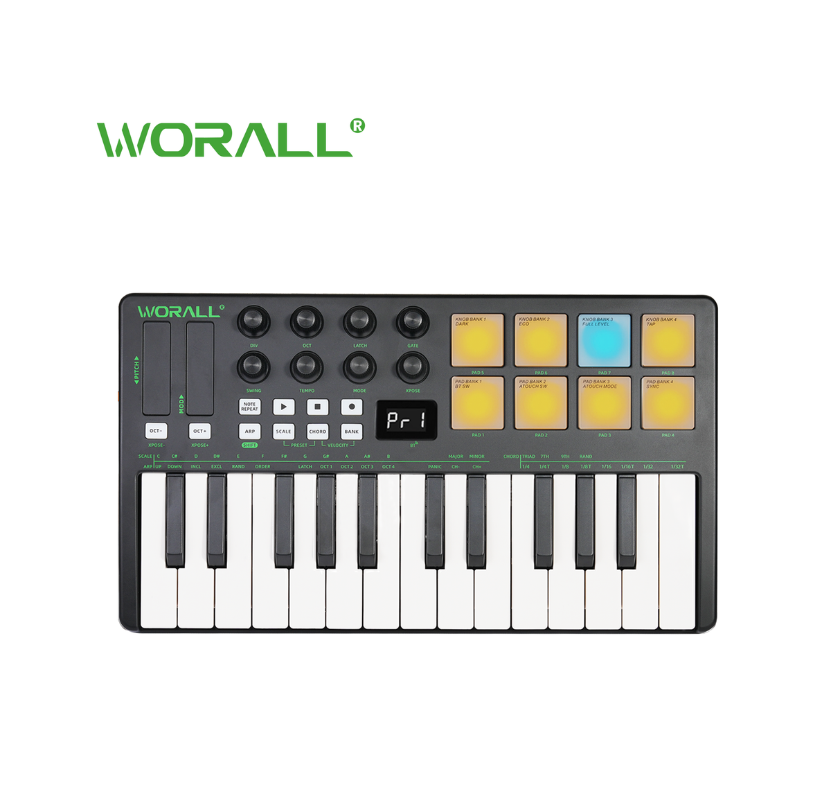 WORALL WK-25 Wireless MIDI Keyboard Controller with P4 Mate Receiver, 25 Keys, 8 Knobs, Touchpads, Arpeggiator, Smart Chord/Scale for Music Production