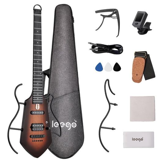 [Wholesale 4pcs] Leego Compact Electric Guitar, Small Lightweight Headless Guitar for Travel and Practice, Portable Solid Body Easy Assemble Stands with Gig Bag, Sunburst