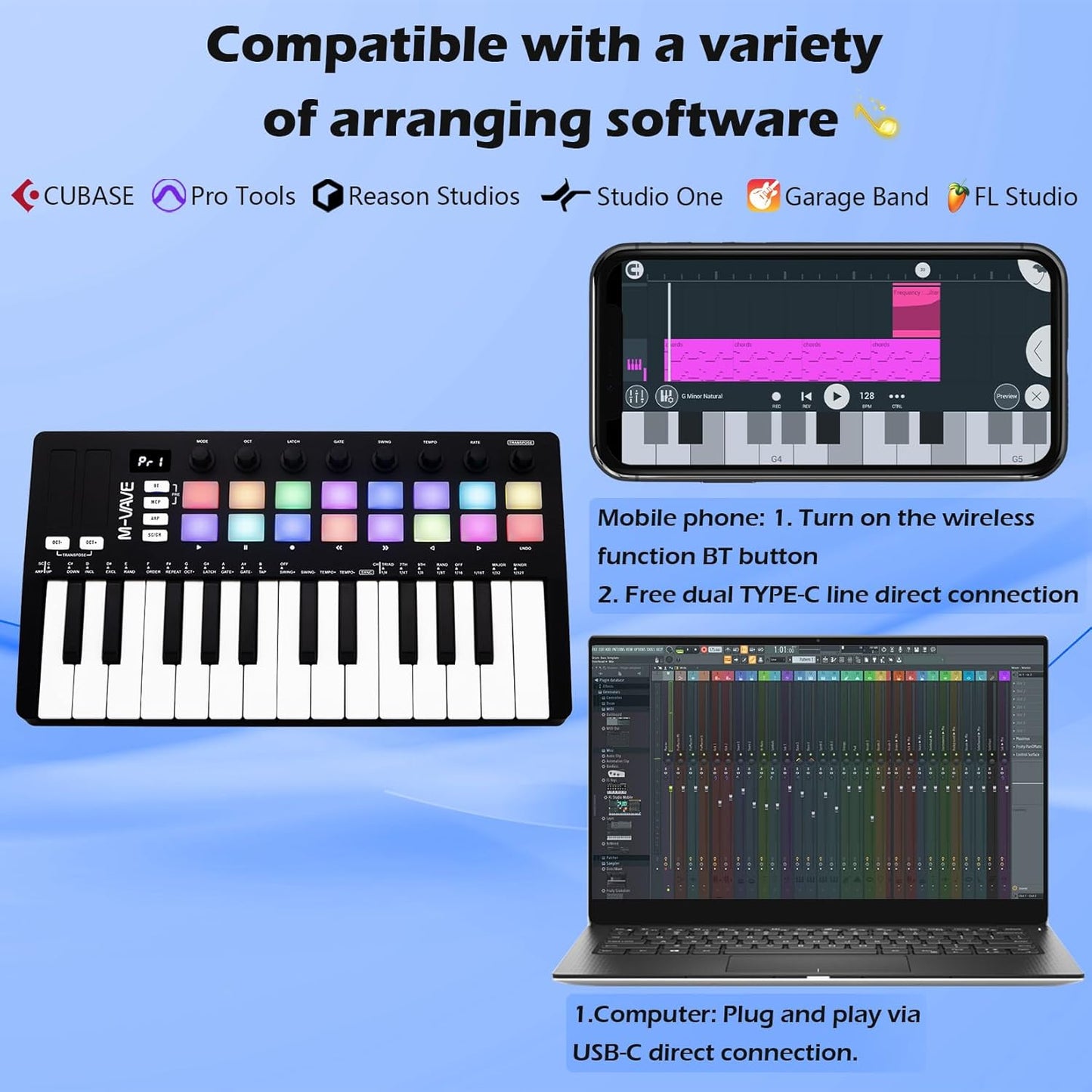 [Dropshipping] M-VAVE 25 Keys 16 Backlit Drum Pads MIDI Keyboard – Professional Beat Maker and Keytar for Keyboard Music Production