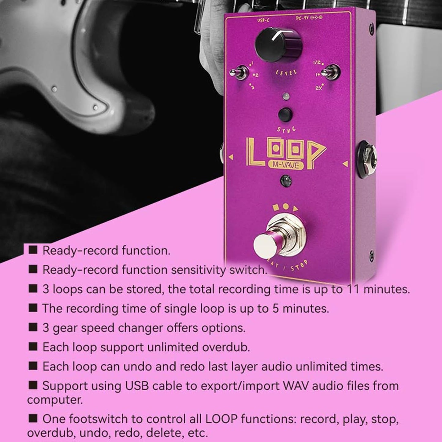 M-VAVE LOOP Phrase Looping Effects Guitar Pedal, 3-position Track Storage / 11-minute Recording