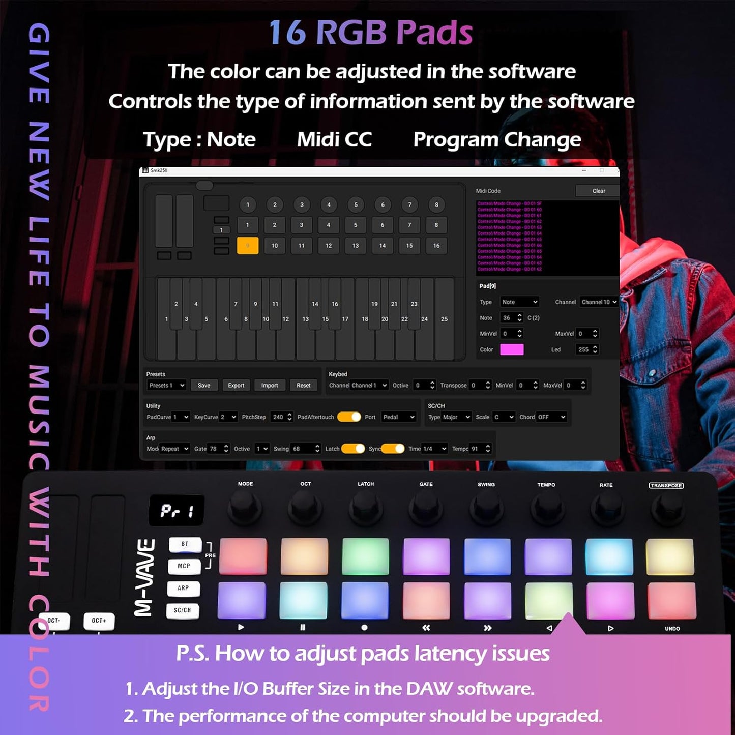 [Dropshipping] M-VAVE 25 Keys 16 Backlit Drum Pads MIDI Keyboard – Professional Beat Maker and Keytar for Keyboard Music Production