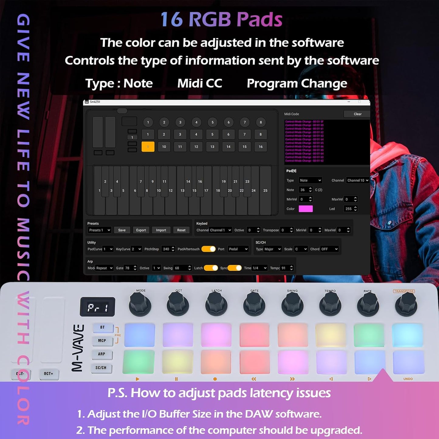 [Dropshipping] M-VAVE 25 Keys 16 Backlit Drum Pads MIDI Keyboard – Professional Beat Maker and Keytar for Keyboard Music Production
