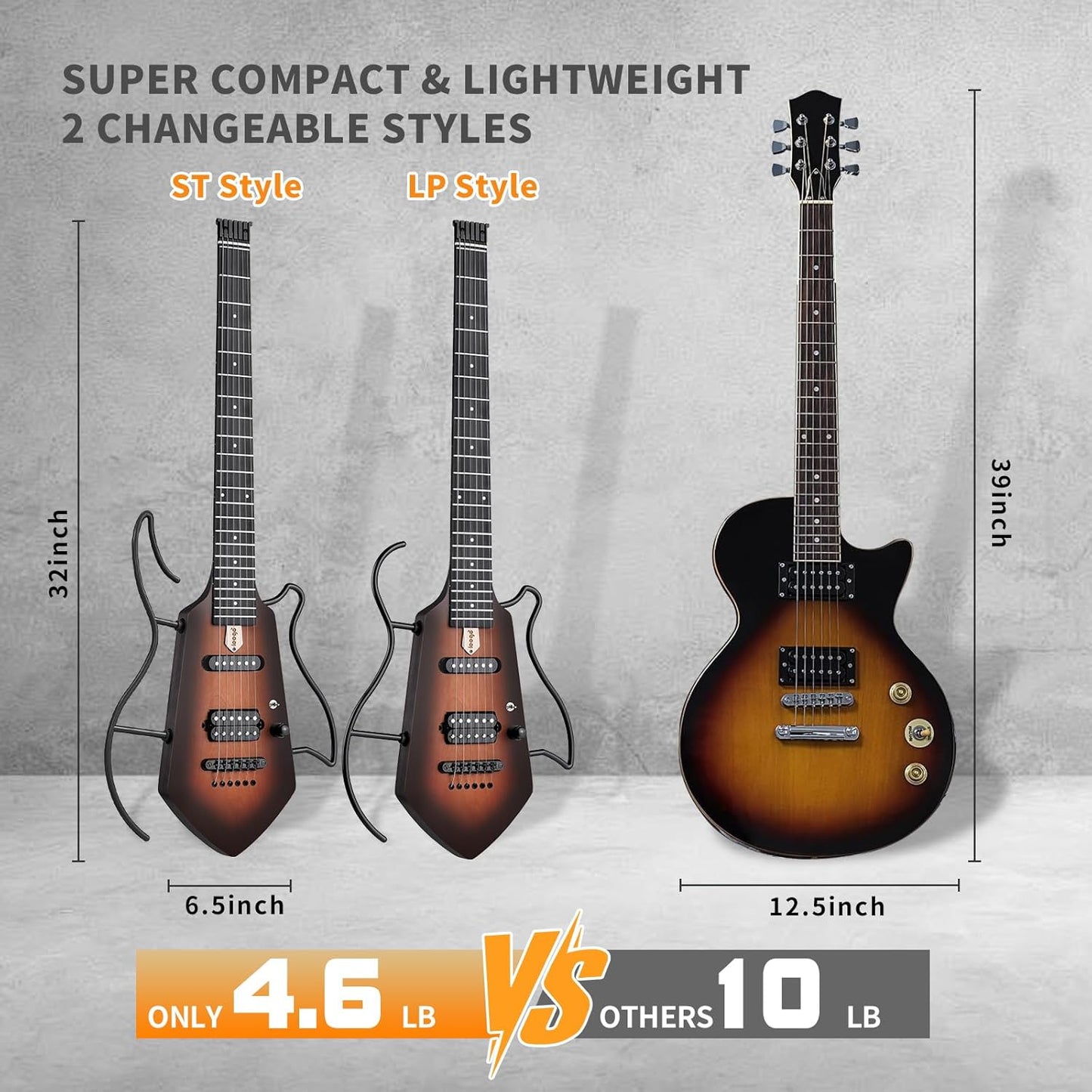 [Wholesale 4pcs] Leego Compact Electric Guitar, Small Lightweight Headless Guitar for Travel and Practice, Portable Solid Body Easy Assemble Stands with Gig Bag, Sunburst
