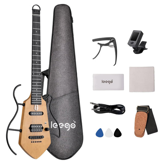 [Wholesale 4pcs] Leego Compact Electric Guitar, Small Lightweight Headless Guitar for Travel and Practice, Portable Solid Body Easy Assemble Stands with Gig Bag, Natural