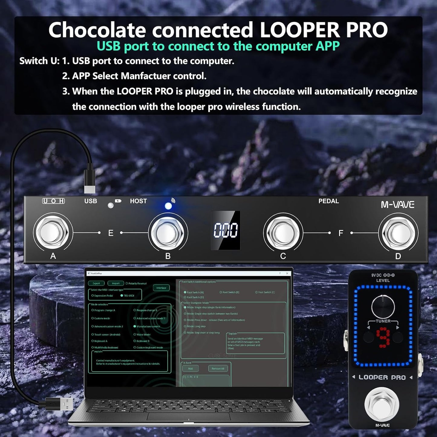 [Dropshipping] M-VAVE Chocolate Plus Wireless MIDI Foot Controller 4 Buttons BT Rechargeable APP Control