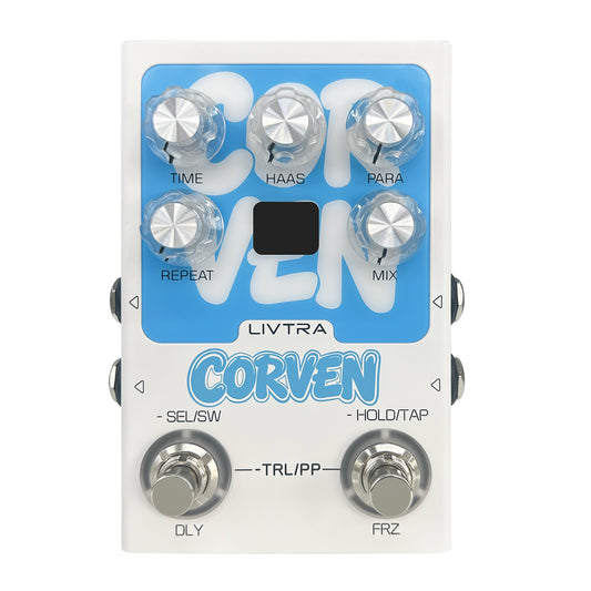 LIVTRA CORVEN Stereo Delay Effect Pedal, 9 Algorithms, True Stereo I/O, Tap Tempo + Freeze, USB Recording for Stage/Studio
