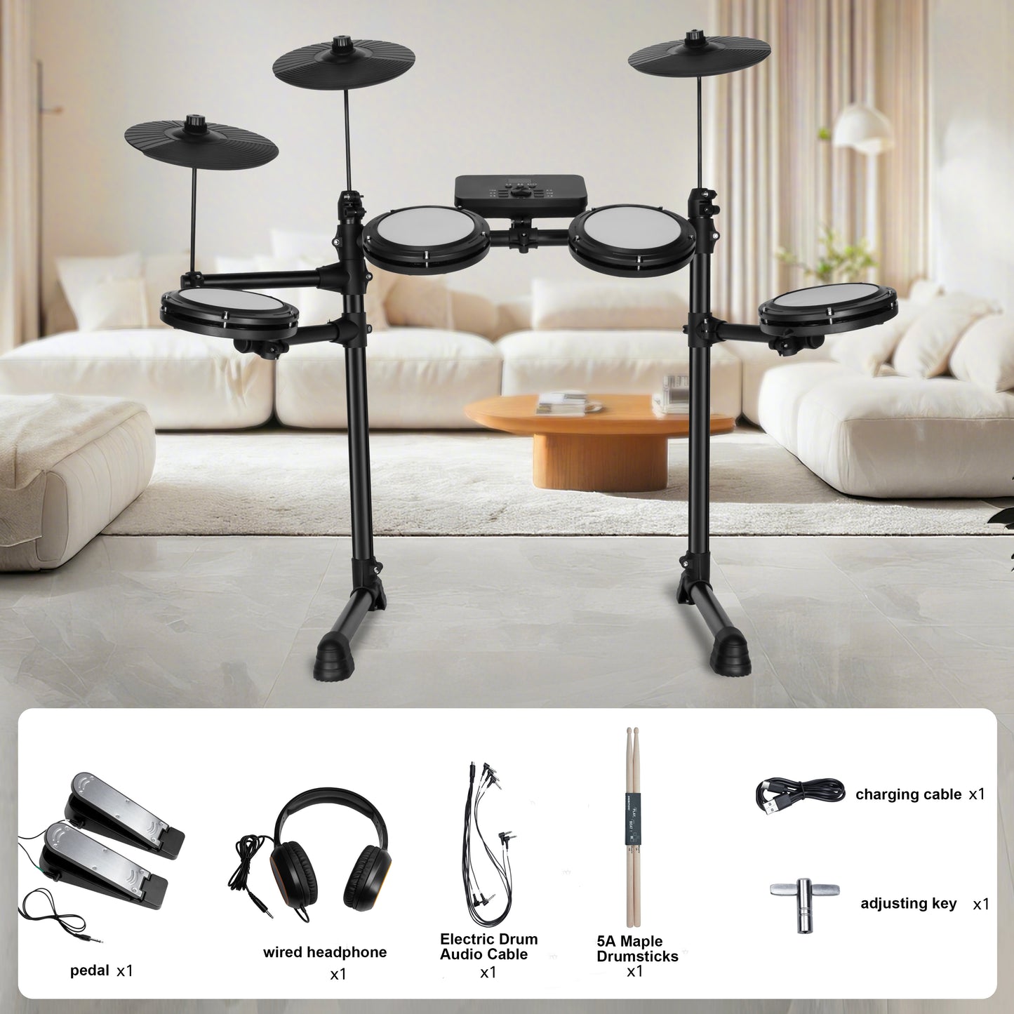 HQC-7 Portable Electronic Drum with Headphones & Dual Pedals