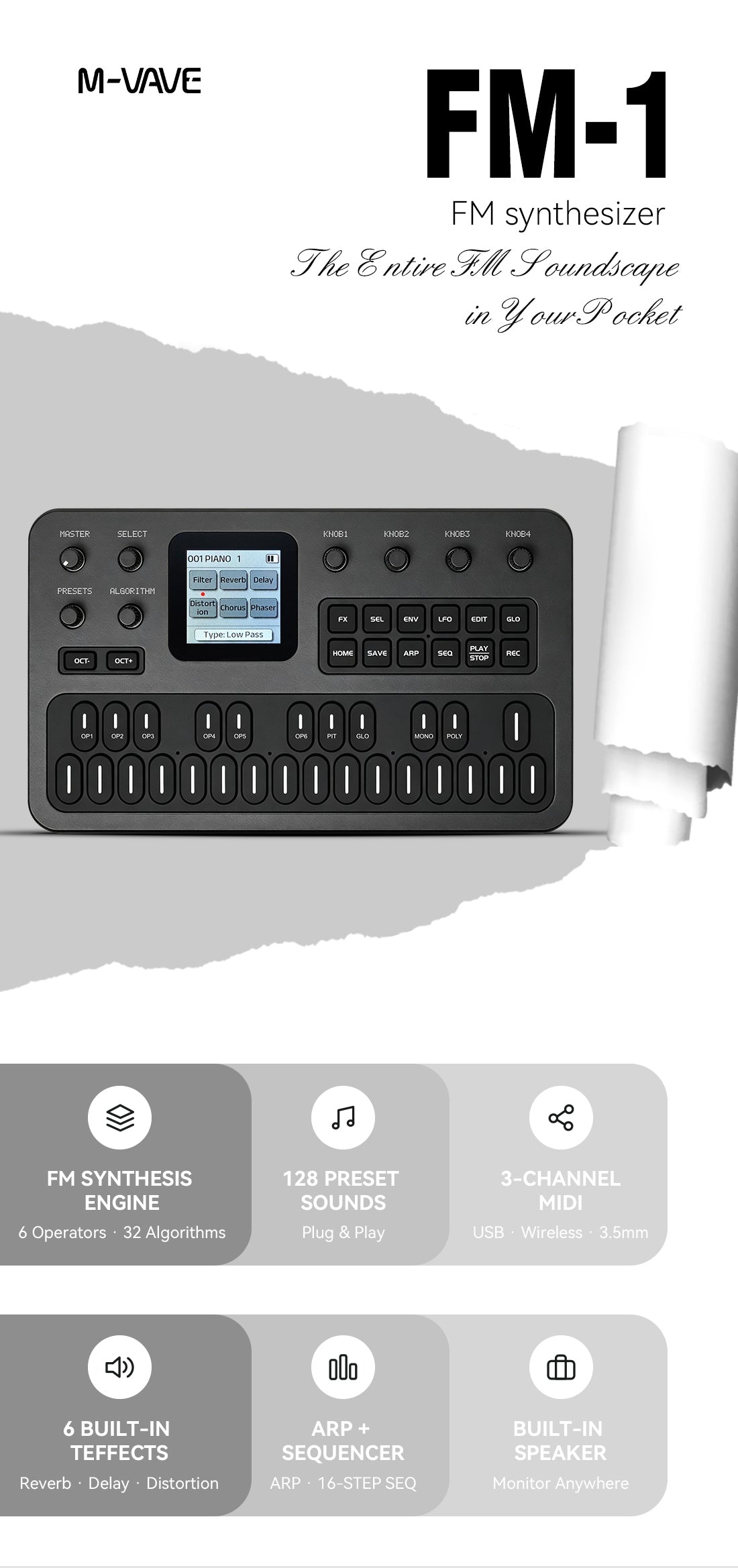 M-VAVE FM-1 Synthesizer Digital Keyboards Voice-Out Keyboard Synthesizer Speaking Out Independently 128 Factory Presets, 27 Key built-in Sound Module 6