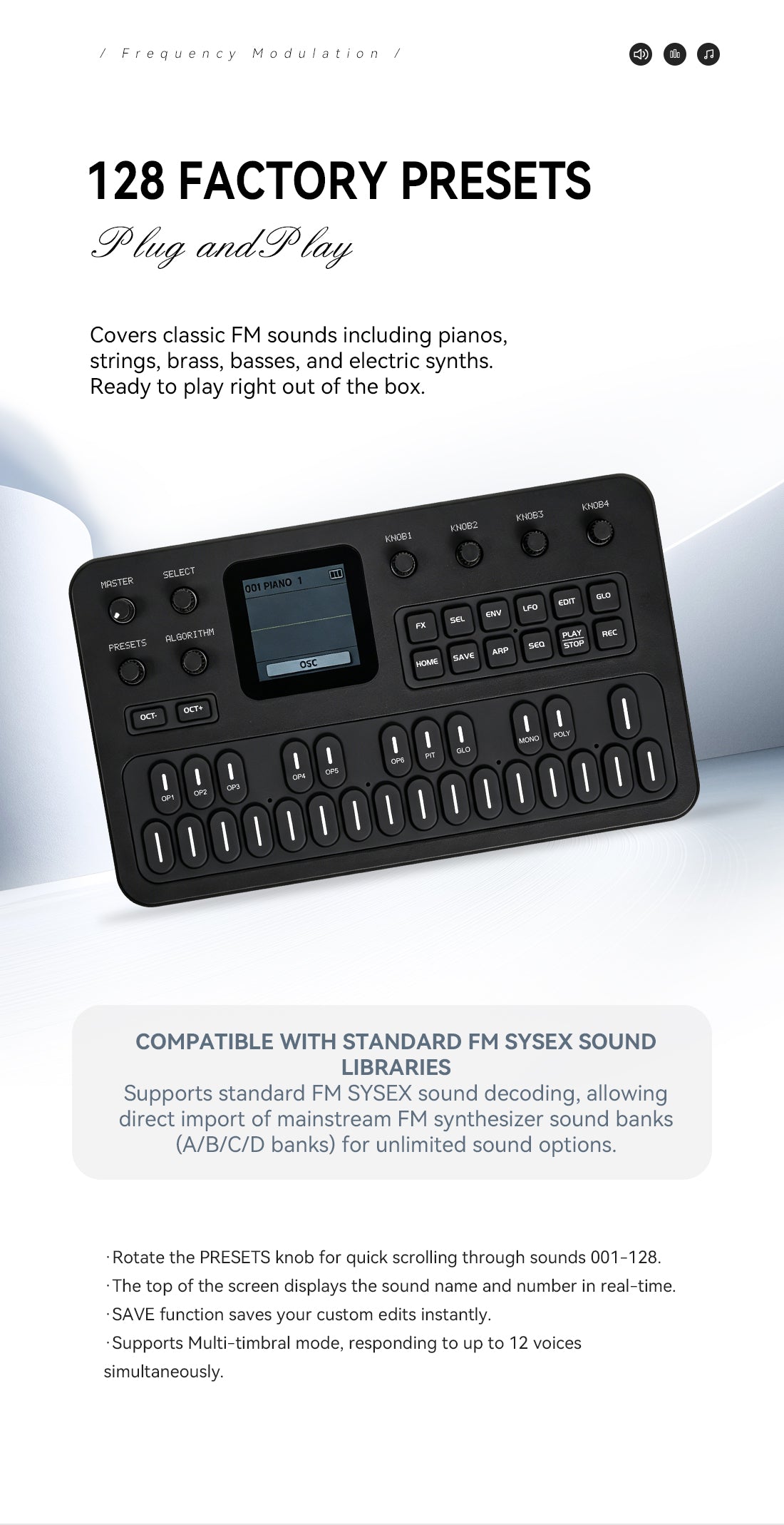M-VAVE FM-1 Synthesizer Digital Keyboards Voice-Out Keyboard Synthesizer Speaking Out Independently 128 Factory Presets, 27 Key built-in Sound Module 6