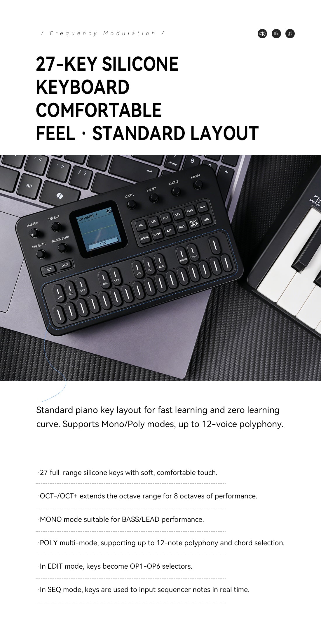 M-VAVE FM-1 Synthesizer Digital Keyboards Voice-Out Keyboard Synthesizer Speaking Out Independently 128 Factory Presets, 27 Key built-in Sound Module 6