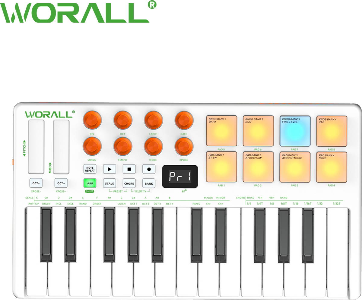 WORALL WK-25 Wireless MIDI Keyboard Controller with P4 Mate Receiver, 25 Keys, 8 Knobs, Touchpads, Arpeggiator, Smart Chord/Scale for Music Production