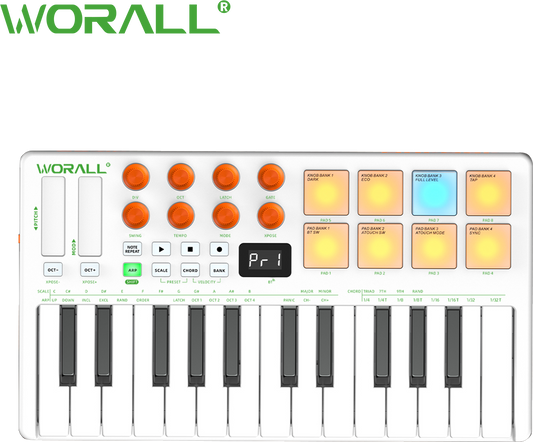 WORALL WK-25 Wireless MIDI Keyboard Controller with P4 Mate Receiver, 25 Keys, 8 Knobs, Touchpads, Arpeggiator, Smart Chord/Scale for Music Production