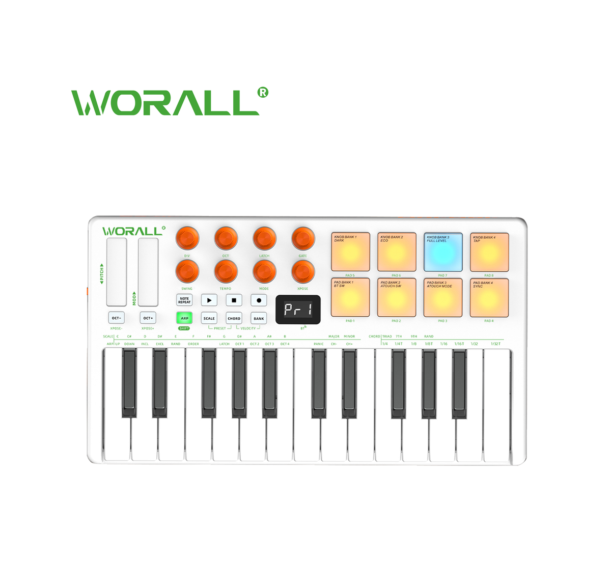 WORALL WK-25 Wireless MIDI Keyboard Controller with P4 Mate Receiver, 25 Keys, 8 Knobs, Touchpads, Arpeggiator, Smart Chord/Scale for Music Production
