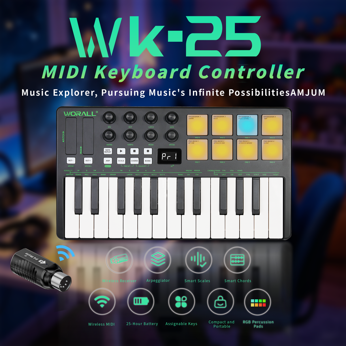 WORALL WK-25 Wireless MIDI Keyboard Controller with P4 Mate Receiver, 25 Keys, 8 Knobs, Touchpads, Arpeggiator, Smart Chord/Scale for Music Production
