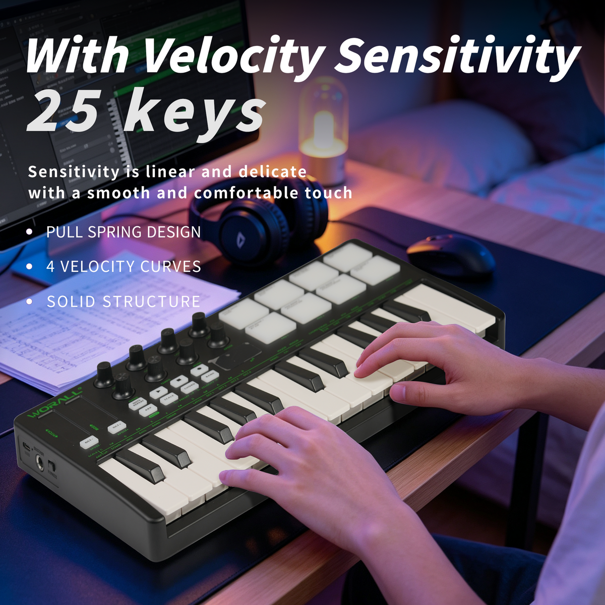 WORALL WK-25 Wireless MIDI Keyboard Controller with P4 Mate Receiver, 25 Keys, 8 Knobs, Touchpads, Arpeggiator, Smart Chord/Scale for Music Production