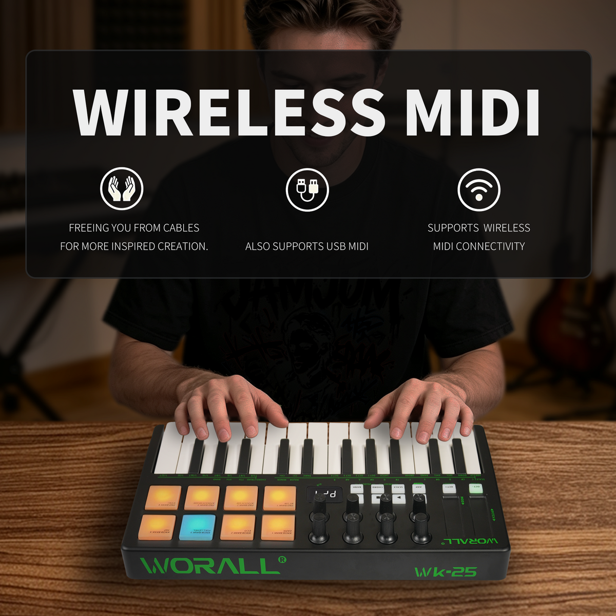 WORALL WK-25 Wireless MIDI Keyboard Controller with P4 Mate Receiver, 25 Keys, 8 Knobs, Touchpads, Arpeggiator, Smart Chord/Scale for Music Production